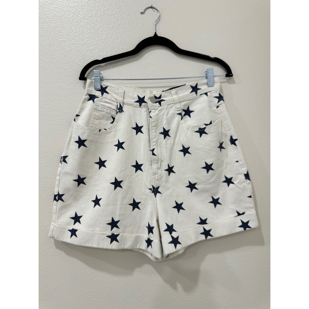 Vintage Not Guilty USA SZ 6 White Navy Star High Waisted Denim Shorts Cuffed Hem
